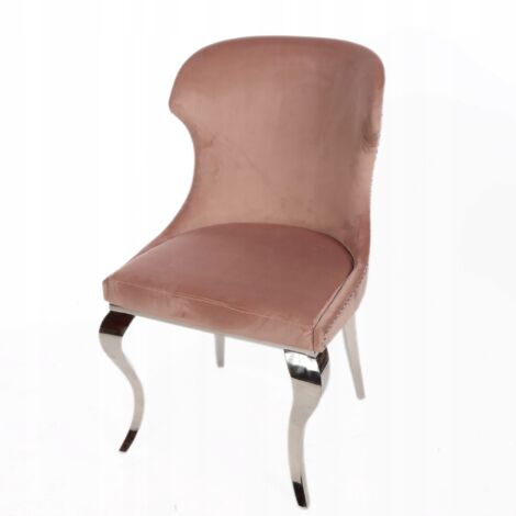 Chaise de salle à manger en velours rose glamour avec pieds chromés (1/4)