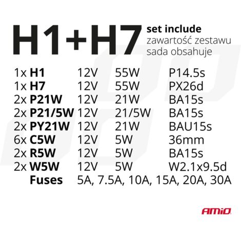 Lot de 30 ampoules et fusibles de rechange H7 + H1 amio-03960 (1/2)