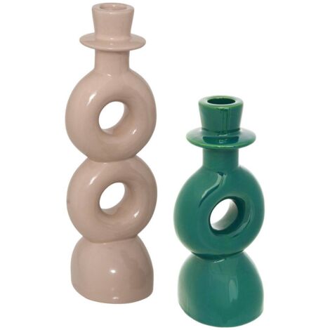 Lot de 2 Bougeoirs Chandeliers en céramique Beige et Vert - Atmosphera (1/5)