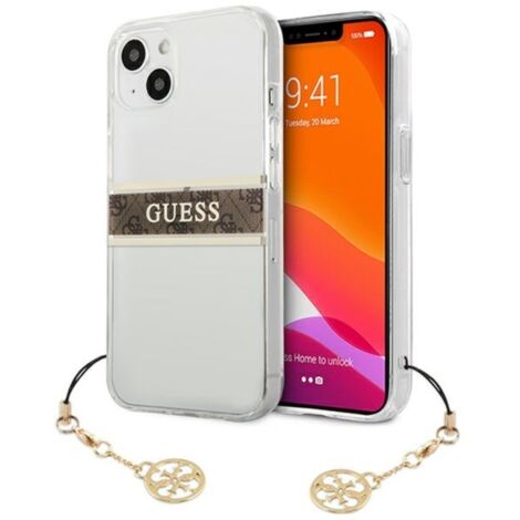 Coque rigide transparente Guess GUHCP13SKB4GBR pour iPhone 13 mini 5,4 pouces, 4G, avec dragonne marron et breloque. (1/4)