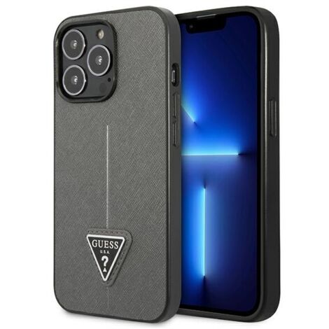 Coque rigide argentée Guess GUHCP13LPSATLG pour iPhone 13 Pro / 13 6.1 avec logo Saffiano Triangle (1/4)
