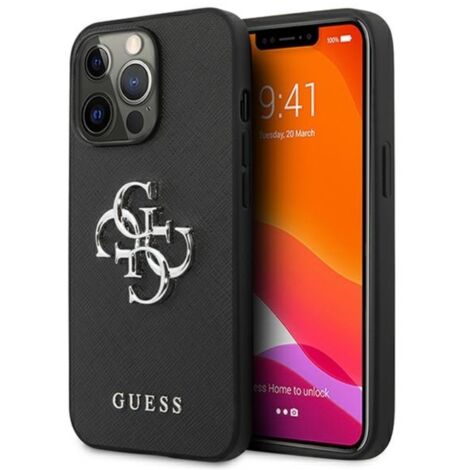 Coque rigide noire Saffiano 4G en métal Guess GUHCP13LSA4GSBK pour iPhone 13 Pro/13 6.1 avec logo 4G (1/4)