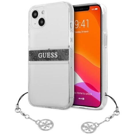 Coque rigide transparente Guess GUHCP13SKB4GGR pour iPhone 13 mini 5,4 pouces, 4G, avec dragonne grise et breloque. (1/4)
