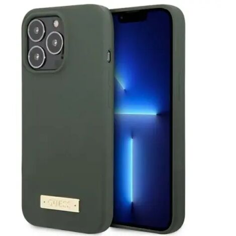 Coque rigide Guess GUHMP13LSPLA pour iPhone 13 Pro / 13 6.1, verte/kaki, en silicone avec logo et plaque MagSafe (1/5)