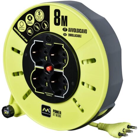 Masterplug Pro-XT Avvolgicavo 8 metri, 4 Prese EU Schuko, Prolunga Elettrica 16A, Protezione Termica, Cavo Alta Visibilità