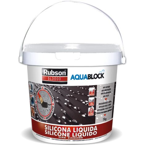 Rubson Aquablock Silicone Liquido SL3000, Facile e Sicuro da Usare, per Impermeabilizzazione e Riparazione di Tetti e Coperture Piani e Inclinati, Guaine, Fioriere, Bianco, Secchio 1kg (1/2)