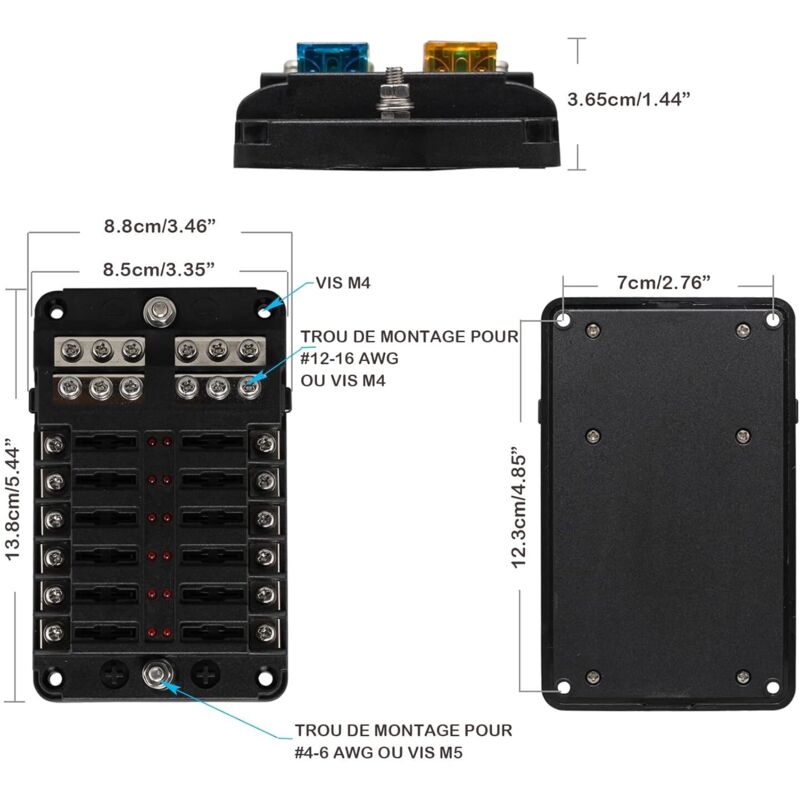 Boîte à Fusibles 10 Voies Jtron - LED Indicateur - Fusibles ATC/ATO Inclus - Pour Voiture, Bateau, Camping-Car 12V