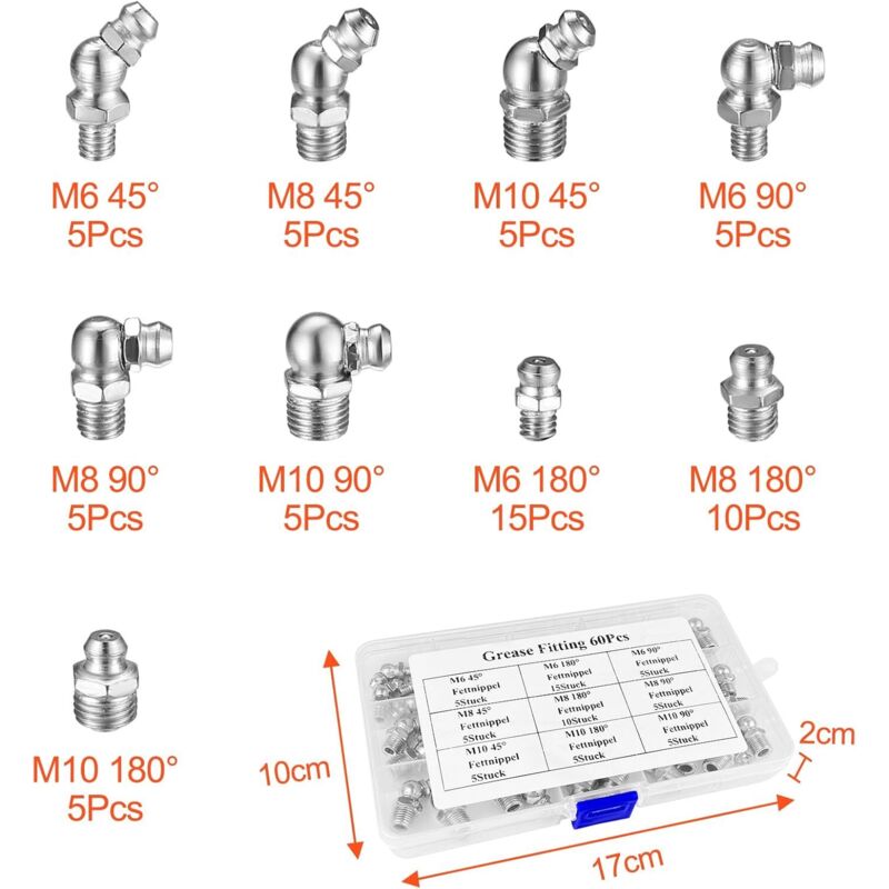 Kit 65 Pièces Graisseurs à Visser M6/M8/M10 – Droits, 45°, 90°, 180° Avec Boîte De Rangement