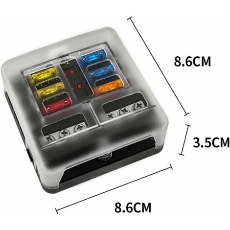 Boîte à Fusibles 12 Voies 12V - 24 Fusibles Inclus - Couvercle Transparent - Pour Voiture, Camion, Bateau, Camping-car