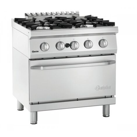 Fourneau inox à gaz 4 feux, sur four gaz 3 x GN 2/1, 36 900 W, 400 V, GAZ (1/5)