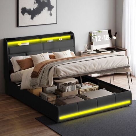 Lit 140x190 cm, TT01, LED réglable, hydraulique, scandinave, lit adulte, cadre de lit double 140x190 cm, tissu PU, Noir (1/5)