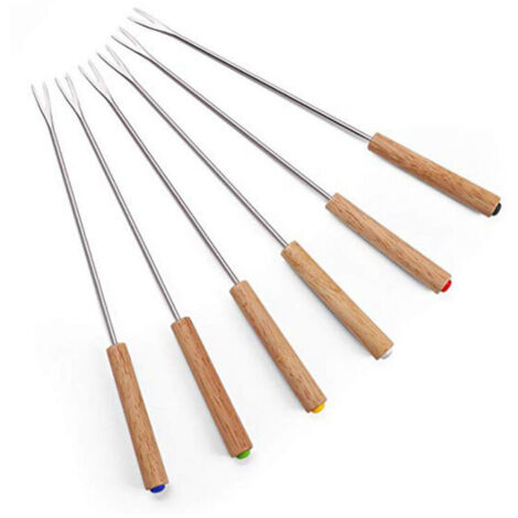6 Pièces Fourchettes à Fondue au Fromage avec Manche en Bois Pic Fondue Inoxydable Pique à Fondue Bourguignonne Fourchette à Chocolat 24cmpour Barbecue, Pain, Légumes (1/4)