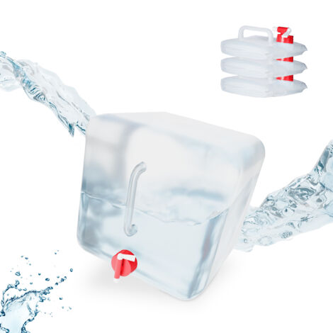 Relaxdays Lot de 4 bidons pliants, robinet, bouchon à vis, poignée, eau, camping, 15 litres, transparent/rouge (1/5)