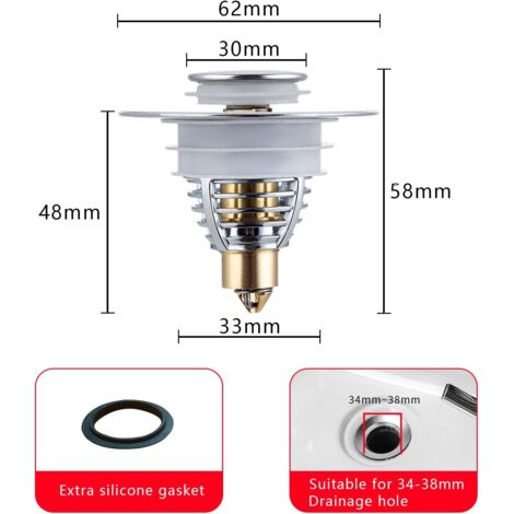 Bouchon Lavabo Universel Pop-up – 2 Pièces, Laiton Et Inox, Tamis à Cheveux, Diamètre 34-40 Mm