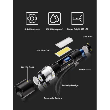 Mini lampe torche COB rechargeable, 500 mAh, batterie 500 lm pour camping en plein air (noir