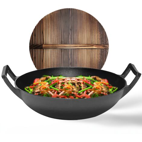 GrillX Wok en fonte - Avec couvercle en bois - Ø 36 cm - Wok en fonte - Poêle pour barbecue et induction - Sans PFAS - Woks