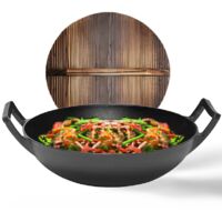 GrillX Wok en fonte - Avec couvercle en bois - Ø 36 cm - Wok en fonte - Poêle pour barbecue et induction - Sans PFAS - Woks