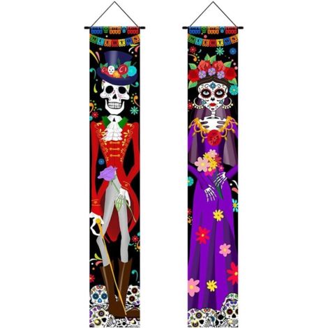 Décoration murale suspendue Dia de los Muertos, bannière jour des morts style mexicain, panneau porche, Halloween, 2 pièces (1/4)