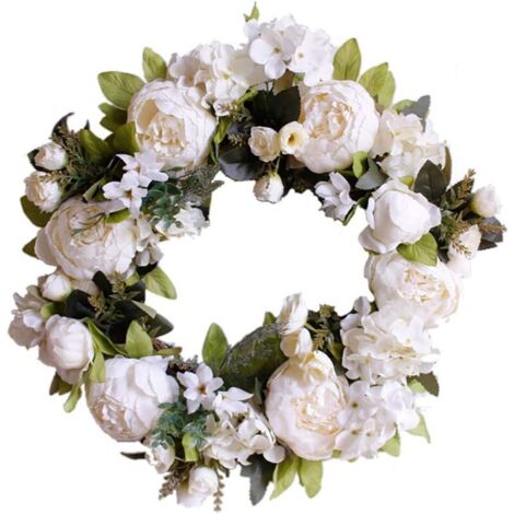La couronne de porte illumine la décoration de la porte d'entrée pour mariage, anniversaire, salon, 1 pièce (40 cm, pivoine blanc laiteux) - (1/4)