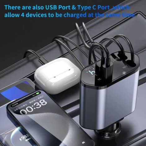 Retractable Chargeur Voiture, Chargeur de Voiture 4 en 1 à Charge Ultra Rapide Max 66W, câble rétractable Adaptateur de Chargeur de Voiture pour iPhone 16 15 14 13 Pro Max, iPad, Galaxy S23 (1/5)