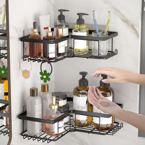 Étagère de Douche, 2 PCS Etagere Salle Angle de Bain Antirouille, Rangement Salle de Bain sans Perçage, Accessoire de Rangement Adhésif avec Crochets, Noir (1/5)