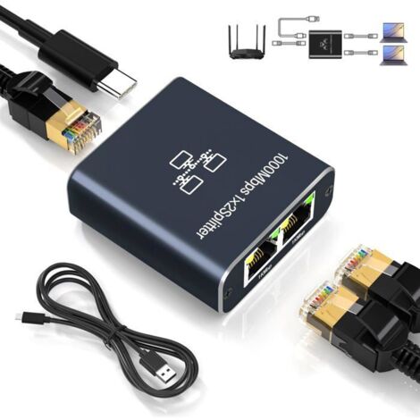 Switch Ethernet,1 à 2 RéPartiteur Ethernet 1000mbps,Commutateur Lan 2 Ports Avec CâBle D'Alimentation De Type C,RéPartiteur RéSeau (1/4)