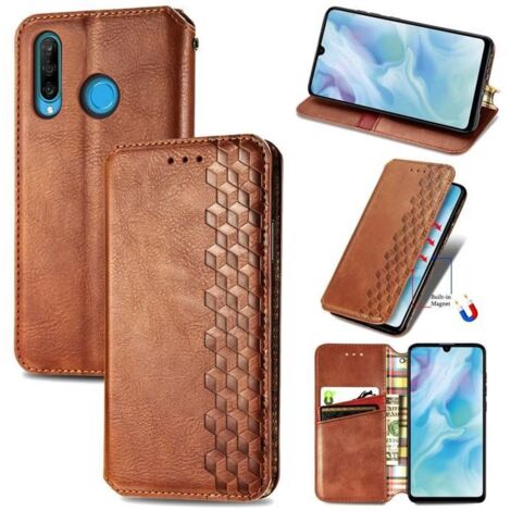 Housse Huawei P30 lite Fermeture magnétique invisible PU Cuir Portefeuille Étui à rabat avec Support - Marron (1/4)