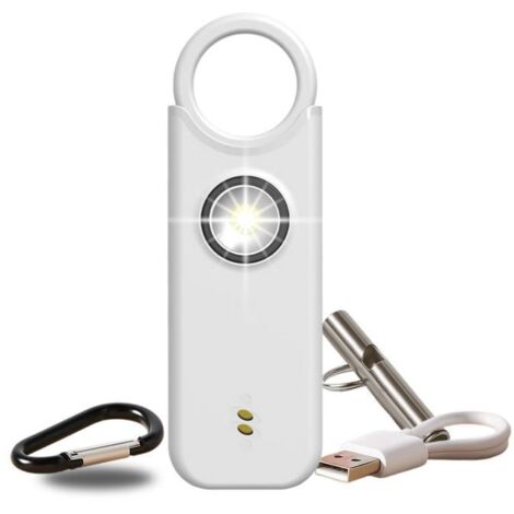 Alarme personnelle de sécurité BLANC 135dB – USB-C rechargeable – Porte-clés avec lampe LED et sifflet – Guide offert (1/4)