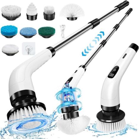Brosse électrique rotative : brosse de douche sans fil avec 8 têtes de brosse remplaçables, 3 vitesses réglables, poignées d'extension réglables, brosse de nettoyage électrique pour salle de bain