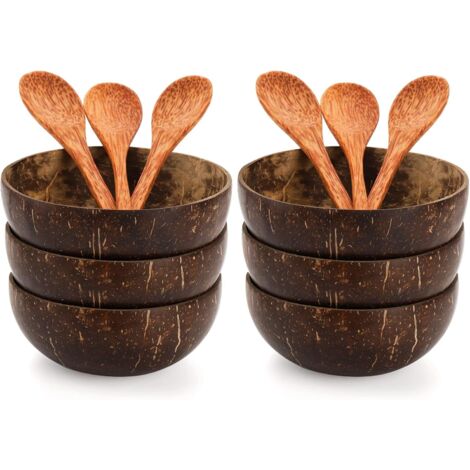 Lot de 6 bols noix de coco – Avec cuillère palme, naturels, pour salade, rangement (1/4)