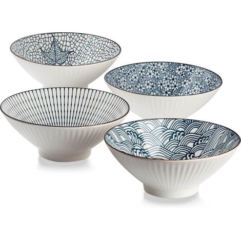 Lot de 4 bols à ramen japonais en céramique pour céréales, soupe, Pho, nouilles - Bleu et blanc, 20,3 cm (1/4)