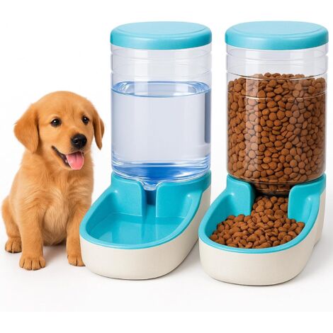 Distributeur croquettes + eau 2 unités 3,8L, gamelle combinée pour animaux, bleu (1/4)