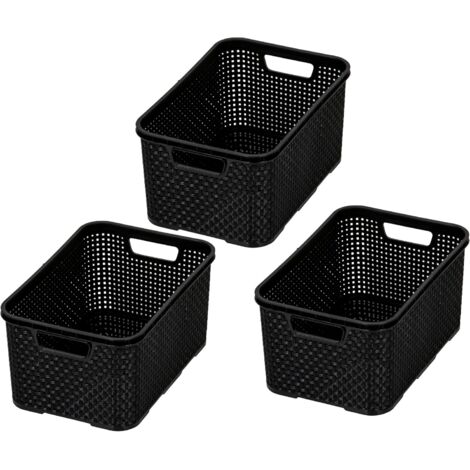 Lot de 3 corbeilles design rotin - Taille S 7 l - Plastique PP - Sans BPA - Noir - 28,5 x 19,5 x 12,9 cm - 3 pièces. (1/3)