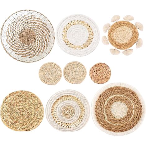 Ensemble de 9 décorations murales boho tissées en osier, style plat rond, pour cuisine ou chambre rustique (1/4)
