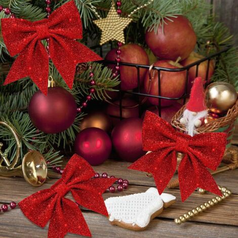 6 Arcs De Noël Pailletés Rouges - Noeuds Décoratifs Pour Sapin, Couronne, Guirlande, Cadeaux