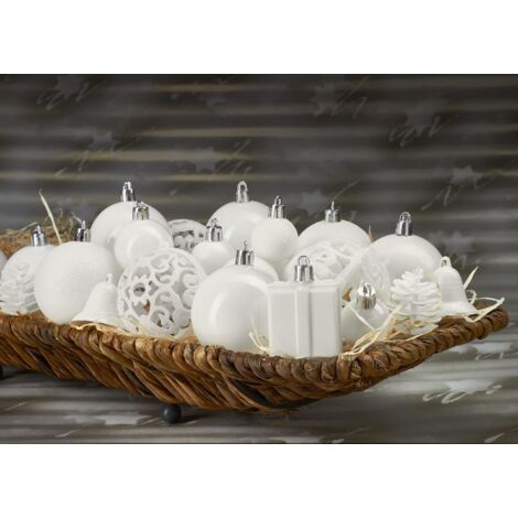 Lot De 33 Boules De Noël + Étoile + Stalactites – Déco Sapin Incassable – Blanc/Bleu Clair/Argenté