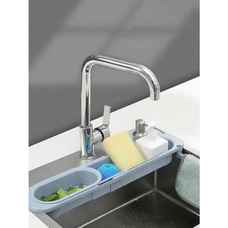 NiHome Organiseur télescopique pour évier de cuisine avec porte-serviette, panier de vidange fin extensible multifonction à longueur réglable, support pour éponge, plateau de rangement pour la maison