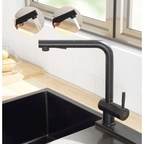 Robinet de cuisine haute pression avec douchette 2 types de jets d'eau pivotant à 360° en acier inoxydable (1/5)