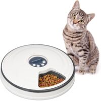 Distributeur Automatique pour Chat, Jusqu’à 6 portions, HxD : 5,5x30,5 cm, gamelle programmable, Blanc - Gris