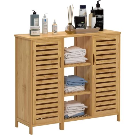SOGES Mobiletto da bagno in bambù,mobiletto laterale con 4 ripiani e 2 ante a doghe,mobiletto portaoggetti per bagno,soggiorno,cucina,100 x 33 x 87 cm