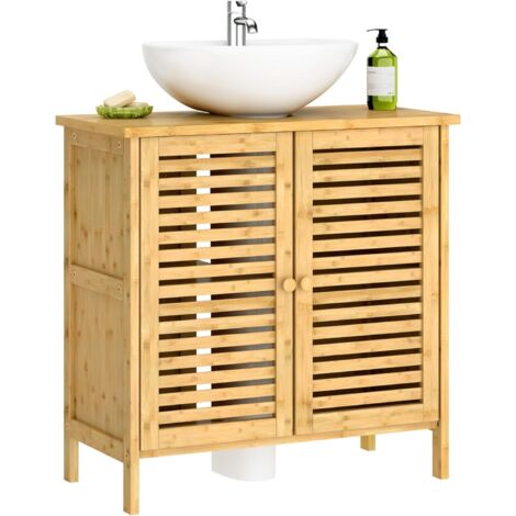 SOGES Mobiletto da bagno in bambù,mobiletto lavabo,mobiletto da bagno con 2 ante a doghe,salvaspazio,60 x 30 x 60 cm