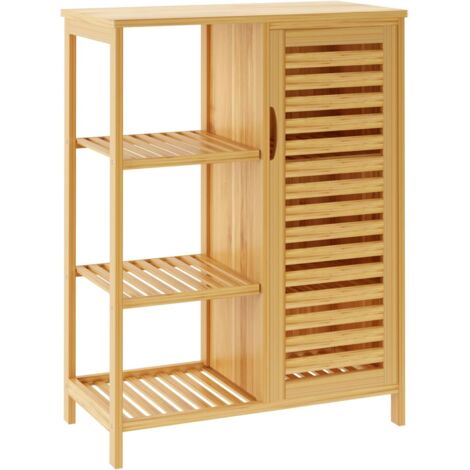 SOGES Mobiletto da bagno in bambù,mobiletto laterale con 4 ripiani e anta a doghe,mobiletto portaoggetti per bagno,soggiorno,cucina,66 x 33 x 87 cm