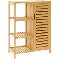 SOGES Mueble de baño de bambú,mueble auxiliar con 4 estantes y puerta de listones,mueble de almacenaje para baño,salón,cocina,66 x 33 x 87 cm