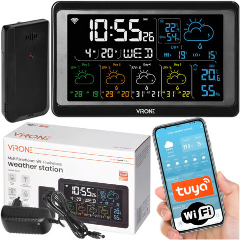 Virone Station Météo Wi-Fi WS-6 - Écran Couleur - Multifonction - Application Tuya