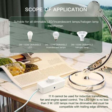 Interrupteur Variateur LED en Ligne, Variateur Rotatif, 3-100 W, Interrupteur Variateur pour Lampes à Incandescence (Noir