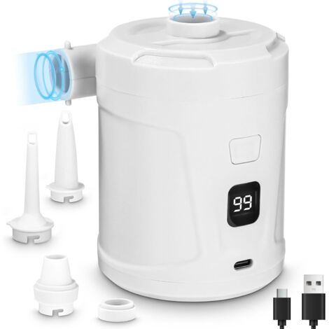 Pompe à air électrique, Gonfleur Dégonfleur Électrique, Batterie Rechargeable 5200 mAh, Gonfleur Matelas Gonflable avec 3 Buses d'air, Gonfleurs Rapide pour Bateau Pneumatique/Matelas Pneumatique