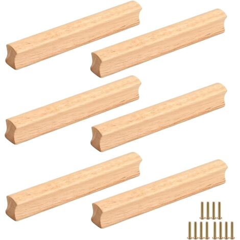 Lot de 6 poignées de meuble en bois massif, vis, espacement 96 mm, pour armoires, salles de bains, bureaux et cuisines