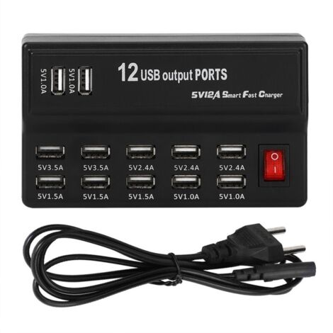 Parasurtenseur 12 Ports Multiples avec Chargeur Rapide Station USB 100-240V Concentrateur de Charge USB International avec Cordon et cosse Plate pour appareils Multiples(UE) (1/5)