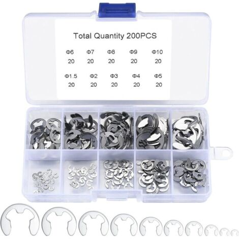 200 E-Clips Anneau de Retenue Externe Snap, Kit de Assortiment Anneau de Circlips Interne Acier Inoxydable - 1.5/2/3/4/5/6/7/8/9/10 mm (1/5)