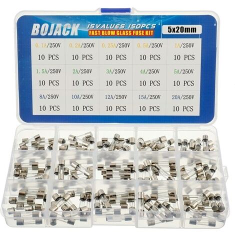 15 Valeurs Assortiment de fusibles en verre avec raccord rapide 150pcs 5x20mm 250V 0,1 0,2 0,25 0,5 1 1,5 2 3 4 5 8 10 12 15 20A Conditionnement en boite plastique transparente (1/5)